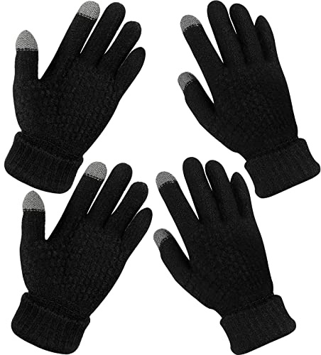 Geyoga 2 Pairs Women's Winter Touch Screen Gloves Soft Warm Fleece Lined Knit Elastic Cuff Winter Texting Gloves(Black)