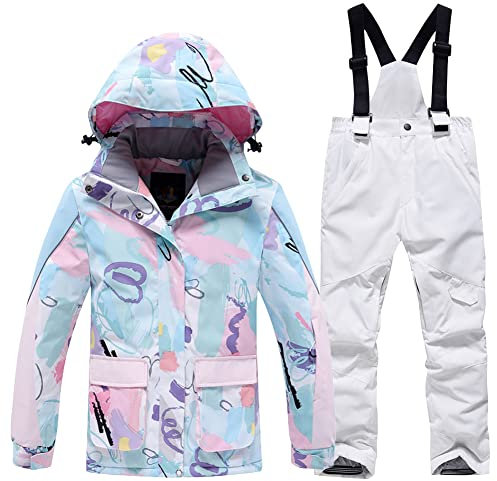 Amur Leopard Kinder Mädchen Skianzug Schneeanzug Skijacke & Skihose Warme Jungen Verdicken Skifahren Snowsuit Wasserdicht Winddicht, Bildfarbe A, 134-140