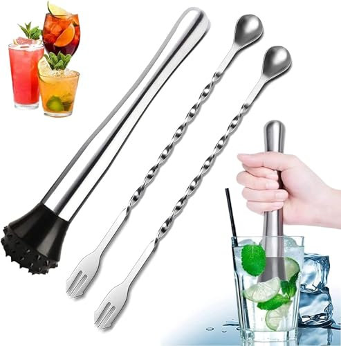 30cm Edelstahl Stößel für Cocktail,professioneller Getränkemixer,32cm Barlöffel,Longdrinklöffel,Mixer-Stößel aus Edelstahl,Cocktaillöffel,Stössel Cocktails Muddler Barstößel Cocktailrührer Pack of 3