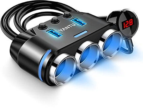 YANTU Adaptateur Allume-Cigare 3 Prises avec Affichage de la Tension LED Chargeur de Voiture Double USB Commutateurs Marche/arrêt 12 V Adaptateur répartiteur de Voiture Dashcam (Noir)