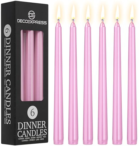 DECO EXPRESS Candles Set, Pack of 6 Classic Dripless Tapered Metallic Dinner Candles, Unscented with 8 Hours Burning Time, Home, Valentine’s Day & Mother’s Day Decor Idea (Metallic Rose Gold, 6 Pack)