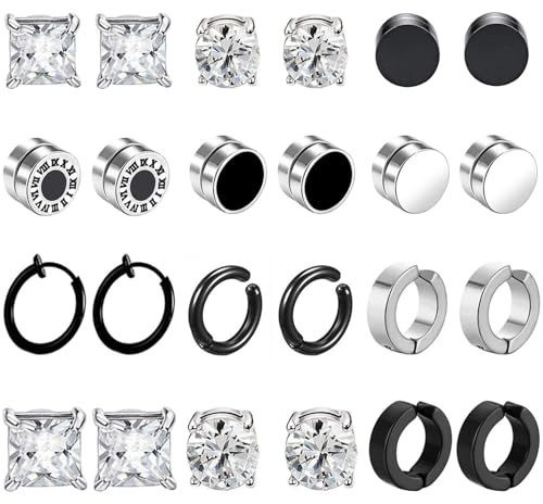 12Paar Magnet Ohrringe Herren Damen Edelstahl Fake Ohrringe Creolen CZ Magnet Nicht Durchdringende Clip Magnet Ohrstecker Ohne Ohrloch Ohrclips Non Piercing Ohrringe Set Schwarz Silber