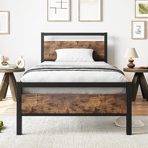 BORPHOM Bettgestell 90x200 Bettrahmen aus Metall Holz Metallbett Einzelbetten 90x200 mit Lattenrost,Gästebett Jugendbett mit Stauraum,Metall Bed Frame Braun und Schwarz