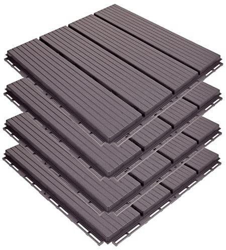 Angoily 4pcs Outdoor Plastic Deck Tiles Interlocking Balcony Flooring Tiles 30x30cm Wood Grain Pattern Grey Brown Plastic Rug for Patio Terrace Decking Materials