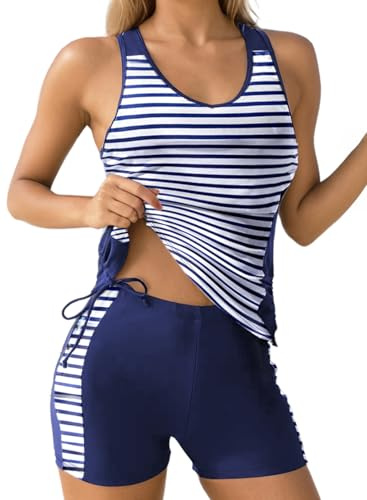 Dokotoo Women's Tankini Sets Two Piece Tops with Shorts Swimsuits for Women Bathing Suits Floral Printed Beach Vacation Clothes Tummy Control Swimwear Womens Swimsuit Blue Stripe 2XL