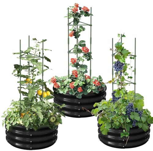 SUNYRISY 3er Set Rund Hochbeet Metall für Garten mit Rankhilfe Pflanzenhalter, Pflanzkasten Blumenkasten Kräuterbeet mit Rankgitter für den Anbau von Tomaten, Blumen und Kräutern, Schwarz