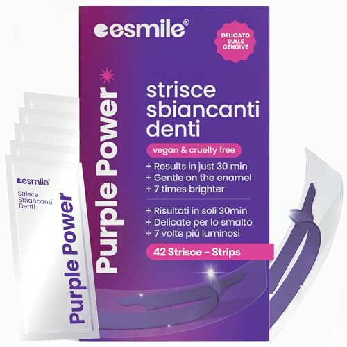 ESMILE 42 Strisce Sbiancanti Denti Professionali Viola - Risultato Immediato Effetto V34 - Sbiancamento Denti Rapido a Casa | Ideali per Macchie da Caffè, Vino, Fumo | Delicate per Denti Sensibili