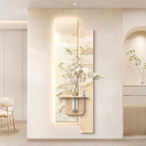 wihgony Decoración de pared con textura LED 3D con estante y jarrón, enchufe y control remoto, decoración de pared de paisaje de piedra arenisca para sala de estar, dormitorio, entrada (D, 40 x 120 cm