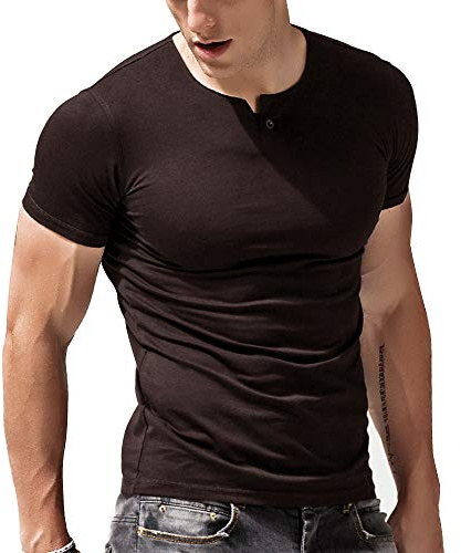 Alivebody långärmad muskel smal anpassad bomull Henley t-shirt med knappar