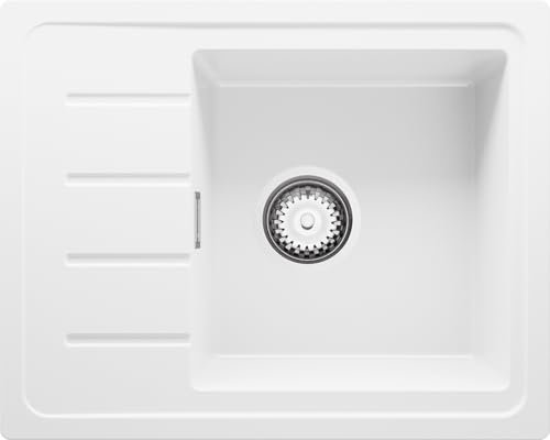 PRIMAGRAN Evier Cuisine en Granit Blanc 55x44cm, Lavabo 1 bac + Kit de Vidage, Évier à Encastrer al mueble 45cm - Copenhague Easy S002