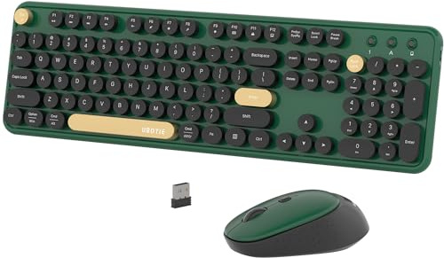 Colorful Wireless Computer Keyboards Mouse Combos, UBOTIE Polychrome Round Keycaps Retro PC Keyboards 2.4GHz Radio Frequency Connection with Optical Mouse Power Switch (Green-Black)