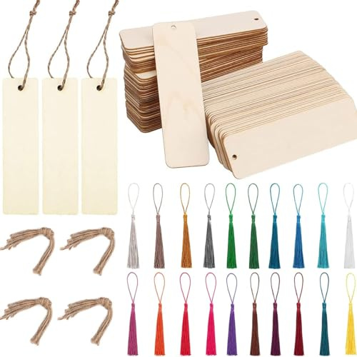 ZOCONE Segnalibri in Bianco in Legno Set, 108 PCS-36 Pezzi Segnalibri +36 pz Nappe Colorate+ 36 pz Corda, Rettangolo, per Libri, Segnalibro Artigianale Fai da Te, 12 * 3.2CM