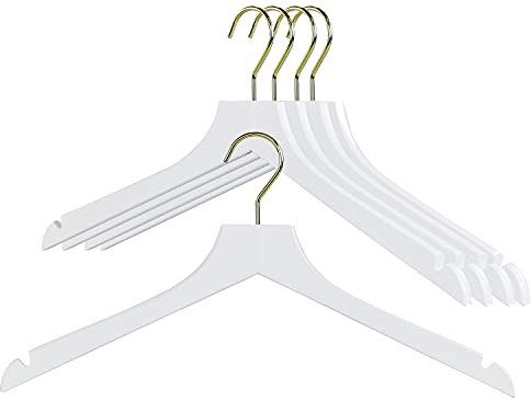 MAWA by Reston Lloyd, European Wooden Hanger, Beech Wood Straight Hanger with Shoulder Notches, Rotating Gold Hook, White Finish, for Shirts, Blazers, Dress Clothes Hanger, (27135)