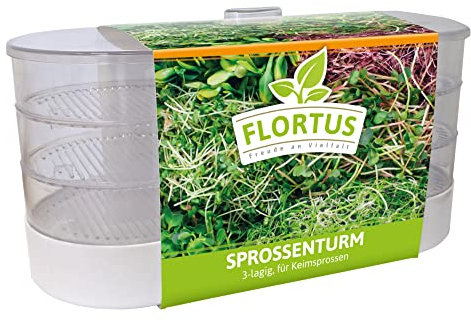 FLORTUS | Sprossenturm | Keimgerät zum Sprossen ziehen | Anzuchtset mit 3 Anzuchtschalen für verschiedene Keimsprossen | Keimschalen für Sprossen Samen | frische schmackhafte Sprossen ziehen