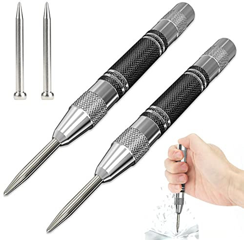 2 Pcs Punzon Automatico,Tensión Ajustable Punzón De Centro Automático,Perforadoras Centrales Automáticas,Punzón Central Automático con 2 Puntas de Repuesto,para Troquelar Madera Hierro Aluminio Vidrio