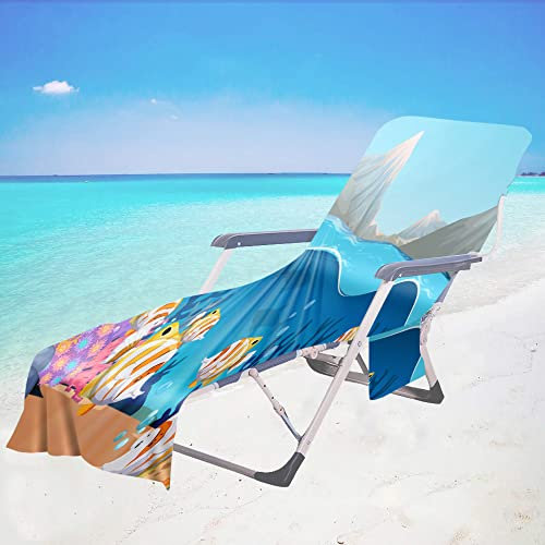 FANSU Schonbezug für Gartenliege Frottee Liegenauflage Garten Sonnenliege Handtuch mit 2 Taschen Stuhl Strandtuch für Schwimmbäder, Strände, Gartenhotels (gestreifter Fisch,75x210cm)