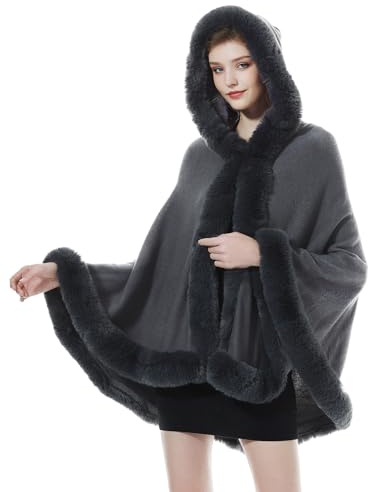 BEAUTELICATE Poncho Mantella di Pelliccia Sintetica Donna Invernale Stola Scialle con Cappuccio Lavorata a Maglia Cardigan per Cerimonia Festa Matrimonio (Grigio Scuro)
