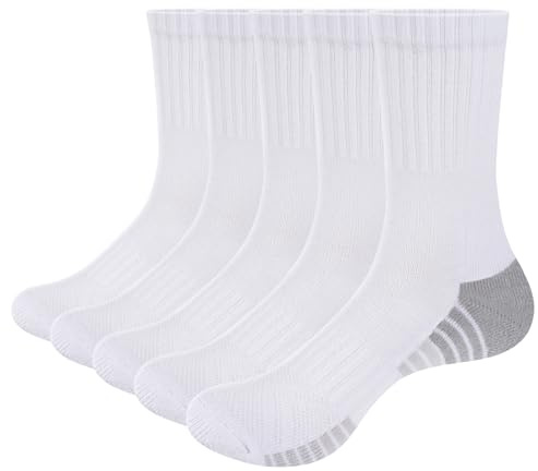 YUEDGE Mens Athletic Crew Socks Cotton Cushioned Moisture Wicking Sport Training Socks for Men 5-8 White 5 Pairs