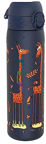 Ion8 Water Bottle, 500ml/18oz, Slim Leak Proof & BPA-Free Drinking Bottle, Secure Lock Prevents Spills, Dishwasher Safe, Carry Handle, Ideal for Adults & Kids - Travel, Gym & School, Navy, Giraffe