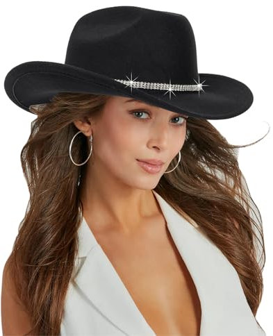 INOGIH Klassischer Cowboyhut aus Filz, aufrollbar, für Damen und Herren, glitzernder Cowgirl-Hut, Filz, Fedora für Disco-Partys, Schwarz, Schwarzes Design2, M