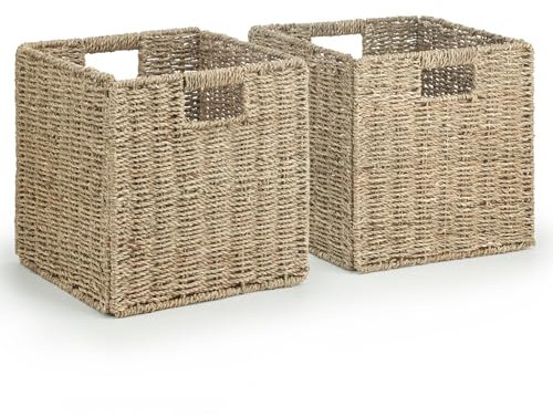 Woodluv Storage Box Set of 2, Storage Baskets for Shelves, Storage Box Cube Organiser With Inserted Handle, Seagrass