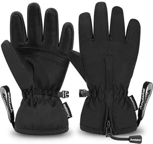 Andake Kids Ski Gloves Ages 2-10 Waterproof Winter Snow Gloves Warm Easy-to-Wear with Zippers for Children Unisex Boys and Girls Black,2-4Y