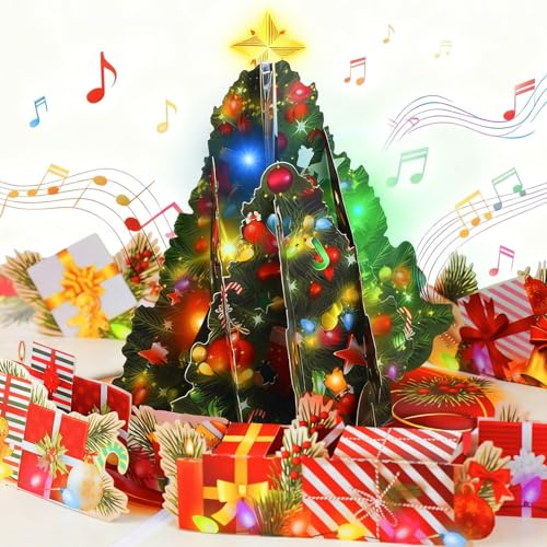 MZD8391 Pop Up Christmas Cards with Music and Lights, 3D Christmas Tree, Gifts Xmas Card Greeting Card Inlcudes Envelope