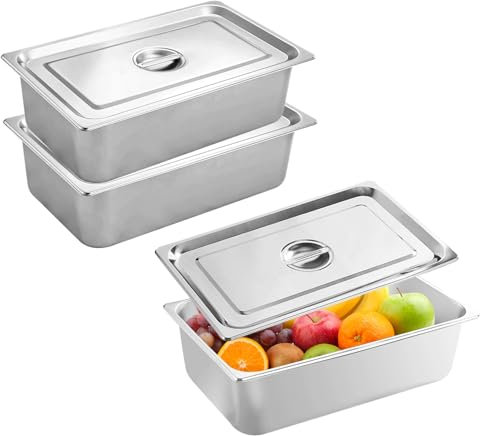 GOEDCH Set of 3 Stainless Steel Breading Paniers: 32.5 x 17.5 x 6.5 cm Metal Breading Tray, Rectangular Bowl for Breading, GN Container, Stainless Steel Gastronorm Container, with Lid Breading Set for