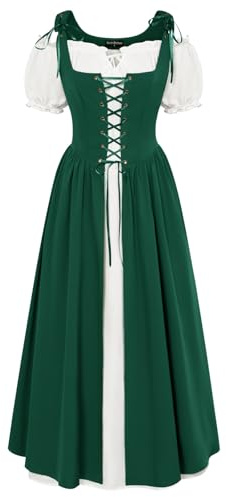 SCARLET DARKNESS Women 2Pcs Renaissance Maxi Dresses Off Shoulder Short Sleeve Lace-up Irish Costume with Over Dress