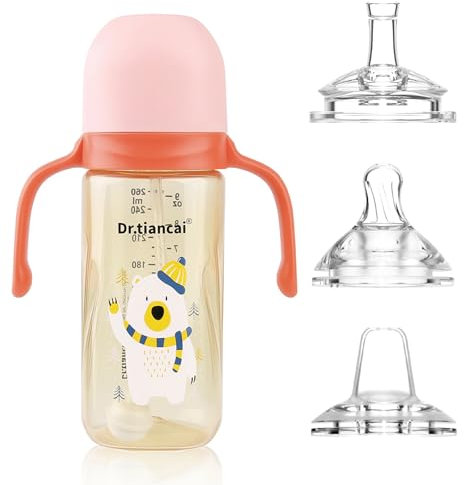 Kinder Trinkflasche, Trinklernbecher für Babymonate 6+, Baby Trinkbecher mit Griffen Auslaufsichere Lecksicher, Baby Strohbecher Soft Auslauf Cup 260ml, mit 3 Arten Silikon Tüllen, BPA frei (Rose)