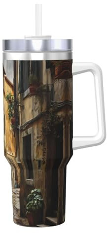 Italian Old Street, borraccia termica a doppia parete in acciaio inox, con manico e coperchio con cannuccia, 1184 ml