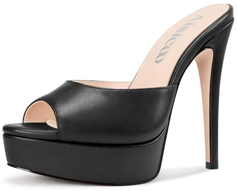 Aisicoo Womens Stiletto High Platform Heel Peep Open Toe Sandals Mules Shoes Slip-on Prom Party Dress Summer 5.3 Inches Heels, Black, 6 UK