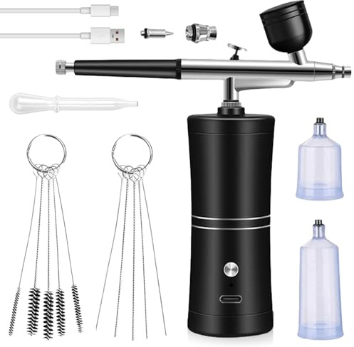Juego de Aerógrafo Inalámbrico, Kit Aerografo con Compresor, Pistola de Aerografo Portátil, Kit de Aerógrafo de Mano Recargable, Aerografo Kit para Maquillaje, Pintura, Uñas, Arte (Negro)