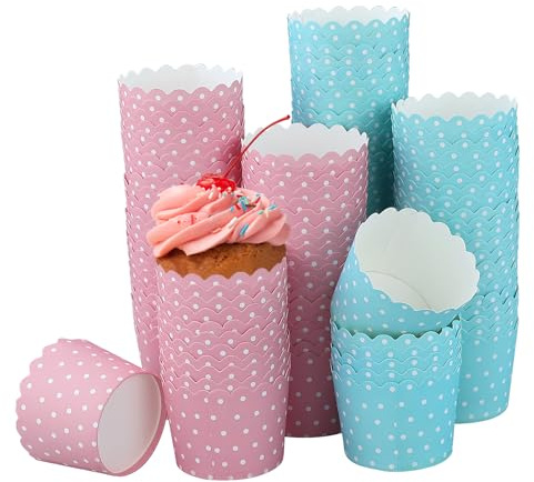 EMMALOUISESMITH 110 Pezzi Pirottini Azzurri Muffin, Pirottini Pois Rosa, Carta Resistente al Calore, Monouso, Per Compleanni, Matrimoni, Feste