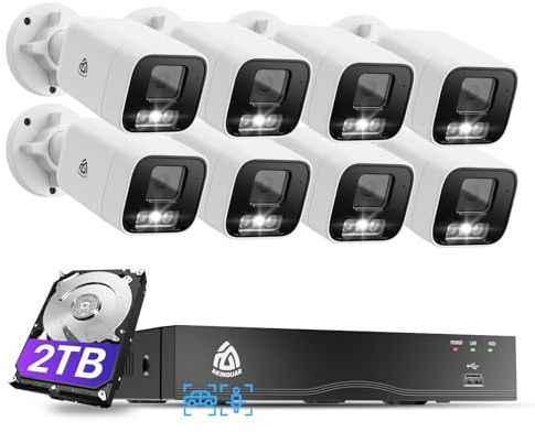 4K Kit Cámaras de Vigilancia PoE, 8X 8MP Cámaras IP de Vigilancia Exterior, 8CH NVR con 2TB HDD para Grabación 24/7, Detección de Persona/Vehículo, Visión Nocturna en Color, Audio Bidireccional
