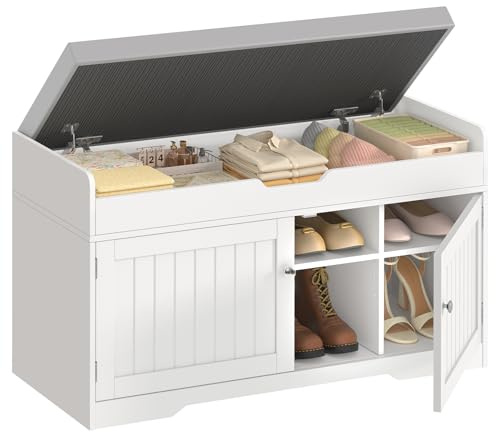 TEENFON 92cm Scarpiera Panca,Panca Contenitore con Cuscino,2 Ripiani Regolabili,Scarpiera per Ingresso, Camera da Letto,92x35x50cm (Bianco)