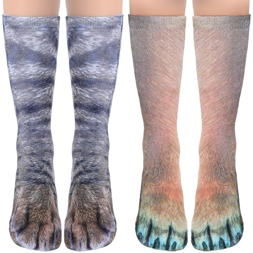Ptwola Lot de 2 paires de chaussettes de Noël amusantes en forme de patte d'animal, pour cosplay, costume de chat et de chien, chaussettes cadeaux pour adultes, femmes, hommes, fête, anniversaire