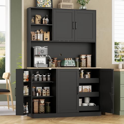 71 Tall kitchen Pantry Storage Cabinet, Modern Kitchen Hutch with 3 Pull-out Drawers, Kitchen Pantries with Microwave Stand & Door Shelf, Food Pantry with Adjustable Shelves for Dining Room (Black)