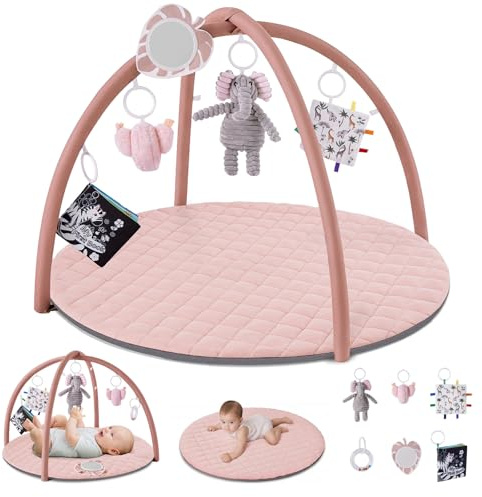 Blissful Diary Gimnasio Bebe Con Arco Desmontable, Manta Actividades Bebe De Forma De Hoja Con 6 Juguetes - Desarrollo Sensorial Y Motor Progresivo, Regalo Para Bebés, Rosa