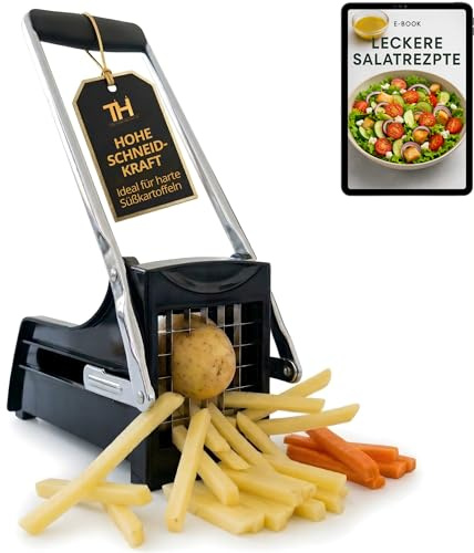 Thiru Pommesschneider mit Saugfuß – Note sehr gut – 100 Tage testen | Starke Schneidkraft – Kartoffel- & Gemüseschneider für Pommes, Süßkartoffeln & Obst – mit 2 Edelstahlklingen