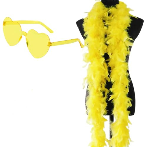 Boa de Plumas, 2M Bufanda de Plumas con Gafas Disfraces Accesorios Bufandas de Pluma Decorativas Fiesta de Disfraces de Boda para Bailar,Cosplay,Navidad,Fiestas,Carnaval,Fiesta Temática(Amarillo)