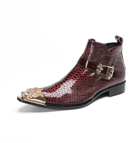 Yhsdfcn Stivaletti da Uomo in Cuoio di Vacchetta, Stivaletti con Stampa Serpente Bordeaux con Cerniera, Fibbia e Punta in Metallo Testa di Leone,Rosso,48 EU