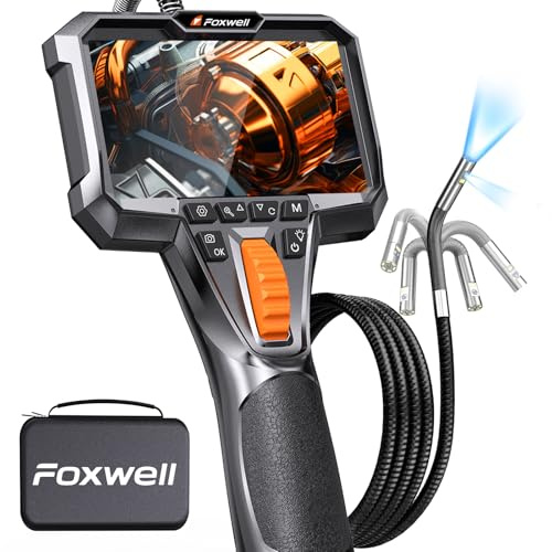 FOXWELL Dual Lens 220° Two-Way 1080P Articulating Borescope with LED Light | IP67 Waterproof Inspection Camera, 1.6m Semi-Rigid Cable Snake Camera, IPS HD Endoscope for Engine, Automotive, HVAC