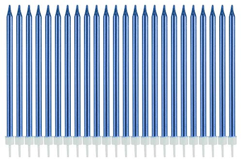 Happy Birthday Lot de 24 bougies métalliques bleues pour gâteau d'anniversaire avec supports - Bougies longues et fines pour cupcakes - Décoration de gâteau pour mariage et fête