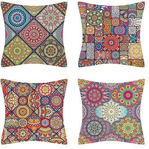 DakTou Dekorativ Kissenbezug 40x40cm 4er Set Hippie Böhmischen Mandala Blume Muster Kissenhülle Baumwolle Leinen Kissenbezüge für Sofa Schlafzimmer Café Buchladen Verein Büro Outdoor