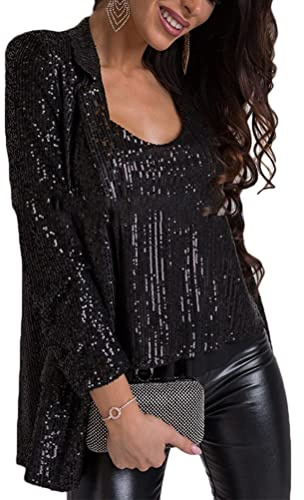 shownicer Blazer Femme Chic Brillant Paillettes Cardigan Blouson Manche Longue Mode Élégant Veste de Tailleur Casual Party Veste De Costume Noir M