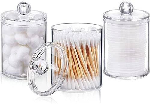 Acryl Qtip Halter, 3 Stück Wattepadspender Wattestäbchen Behälter, Transparente Make-up-Organizer-Set mit Deckel, Runde Wattepad Halter für Badezimmer, Aufbewahrung für Wattebälle, Tupfer, Q-Tips