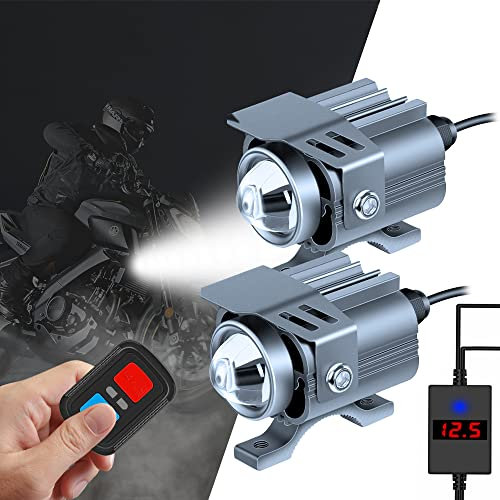 VSYSTO 2 Pack 10W LED-Motorrad-Scheinwerfer, 4 Beleuchtungsmodus Wasserdichte Aux-Scheinwerfer, Scheinwerfer für Motorrad und Elektrofahrzeug, DC 12V bis 24V, mit Ladefunktion, Spannungsanzeige (MS02)