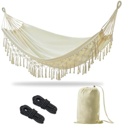 JoyView Boho makramé dubbel hängmatta med hängande rep och eleganta tofsar 86 x 59 bärbar bomullshängmatta för uteplats bakgård veranda 204 kg viktkapacitet perfekt för utomhus/inomhus – beige färg