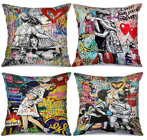 Tucocoo Graffiti-Kissenbezüge, 45 x 45 cm, 4 Stück, Bunte Straßenkunst, dekorative Kissenbezüge, Banksy, Pop-Art, Moderne Dekoration, Heimdekorationen für Couch, Bett, Auto, Terrasse, Möbel, Bank